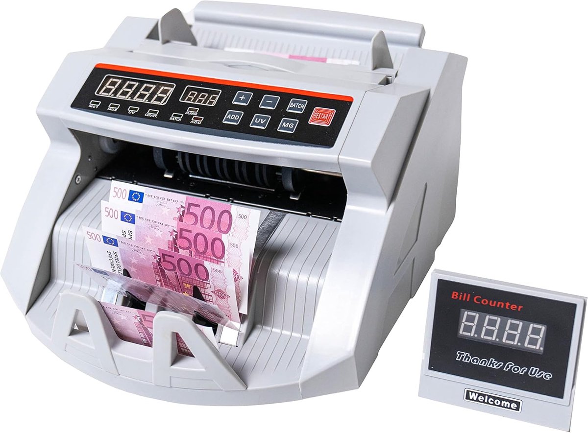 Geldtelmachine - Biljettelmachine Valsgelddetector - Biljetten Tellen - 3-voudige Vals Geld Detectie - 1000 Biljetten Per Minuut - Wit