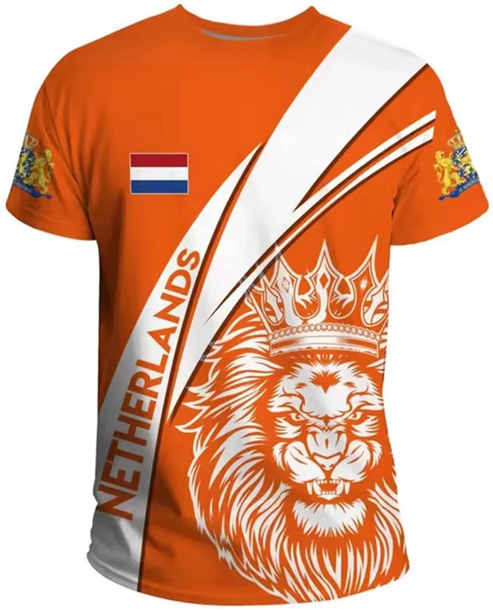 Nederlands Sportshirt Oranje Voor WK 2026 - Leeuw Design met Nederlandse Vlag & J’Maintiendrai Afbeelding Op Polyester T-Shirt - Maat: S