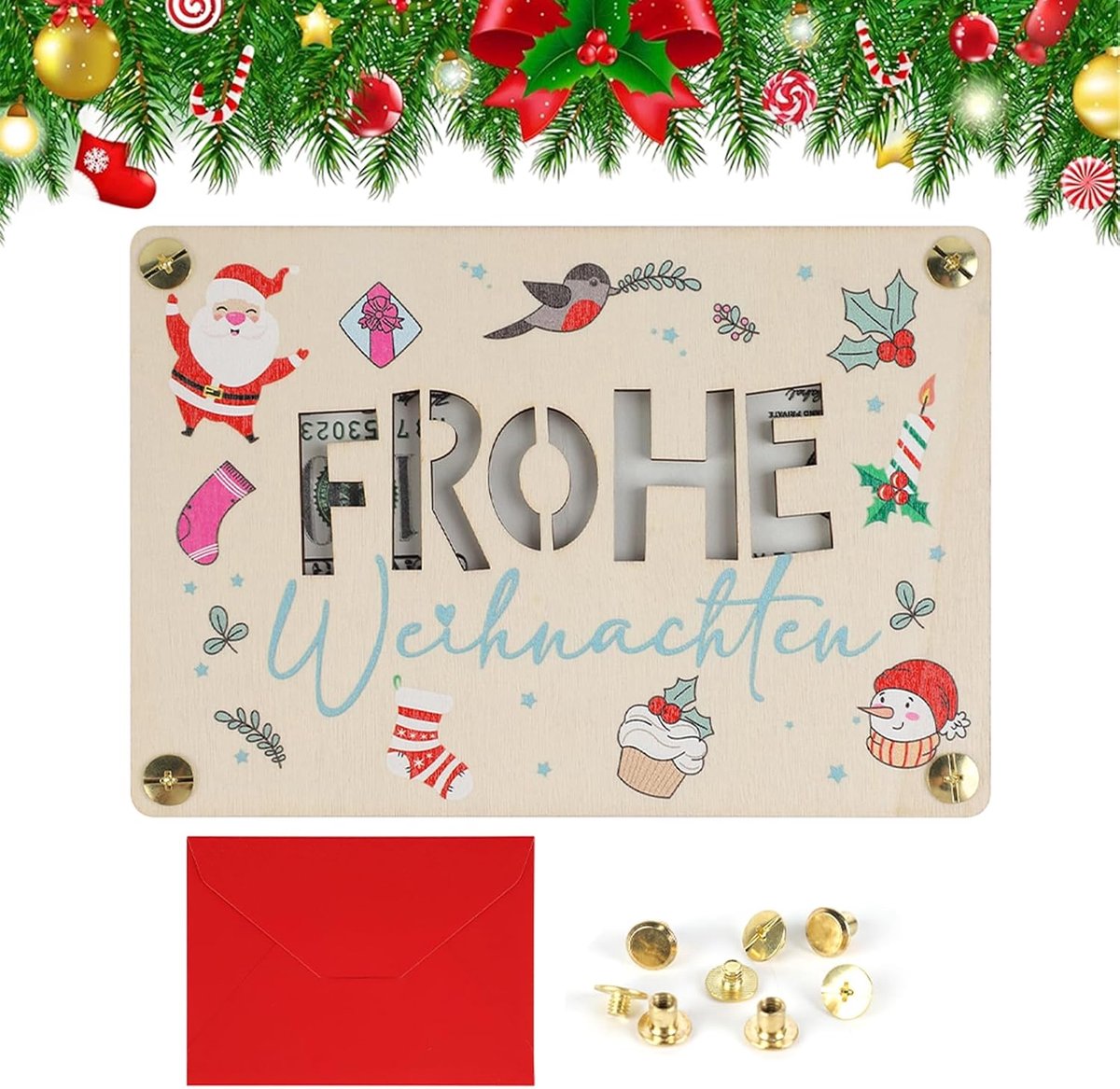 Houten Kerstkaart - Geldgeschenk Kaart - Cadeau Geven - Inclusief Knopen - 16 x 11 cm - Bruin
