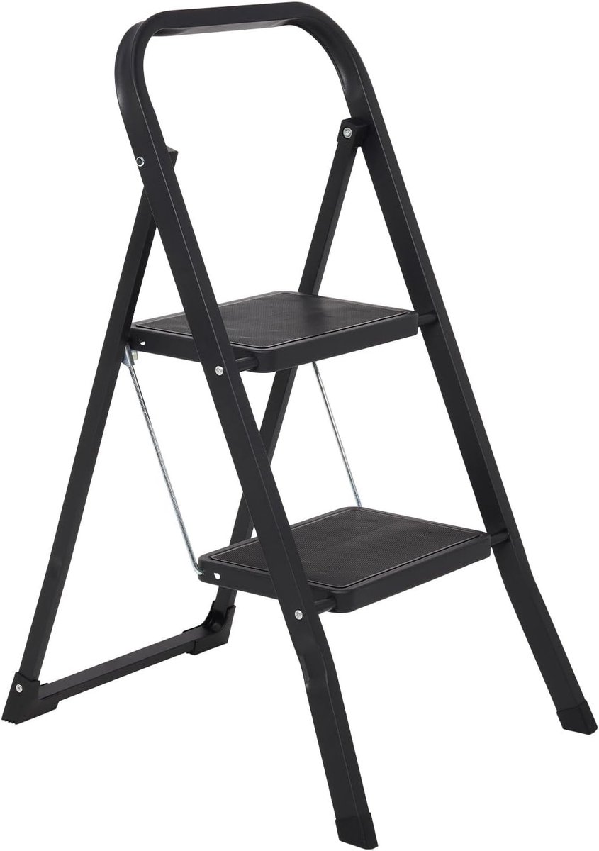 Huishoudtrap 2 Treden - Keukentrap Inklapbaar - Veilig Omhoog - Anti-slip Treden Poten - 48 cm Hoog - Zwart