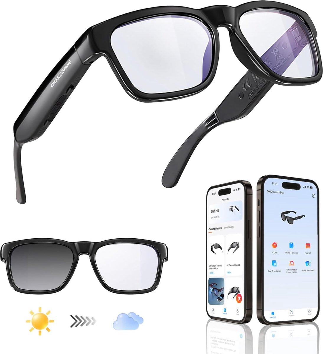 Slimme Audio Bril - Bluetooth Zonnebril - Muziek Luisteren - 164 Talen Vertaling - 10 Uur Speeltijd - Zwart