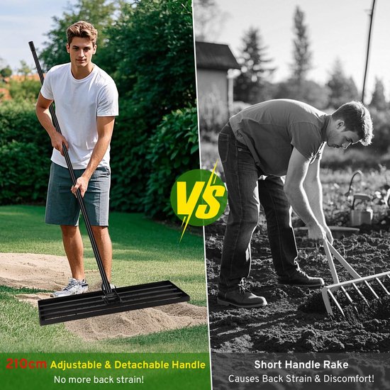 Dailygoods- Gazon Nivelleringshark voor zwaar gebruik - Verstelbaar handvat 210 cm - Hoogwaardig ijzeren gereedschap - Grondegalisatie - Topdressing - Perfect egaal oppervlak - Hark van Dailygoods — afbeelding 2