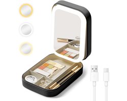 Dailygoods - Cuteefun Make-upspiegel met verlichting, verlichte reisspiegel met sieradenorganizer, 3 kleuren lichtmodi, dimbaar touchscreen, USB-oplaadbaar, ideaal voor slaapkamer, kaptafel, badkamer, zwart