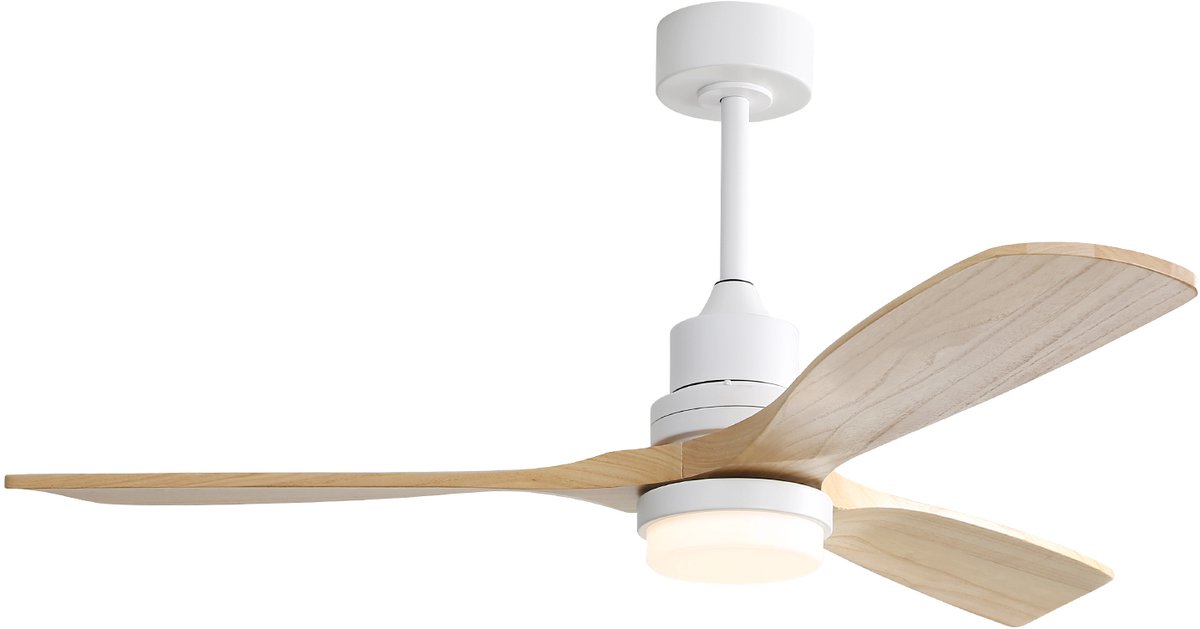 PHOEBE CAT 52 inch Plafondventilator - Dimbare LED-verlichting - 6 windsnelheden - 3 houten ventilatorbladen - Inclusief afstandsbediening - Wit + Naturel