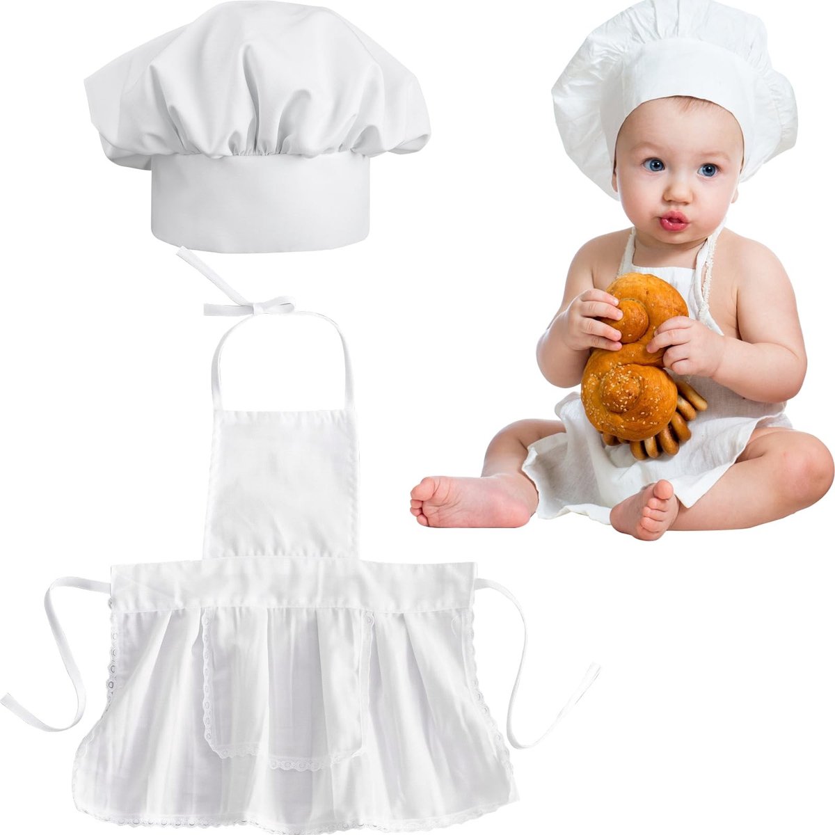Dailygoods- Babyschort met kookmuts - Schort voor kleine koks - Fotografie-rekwisiet - Geschikt voor 8-24 maanden - Afmeting 45 x 44 cm - Kookset