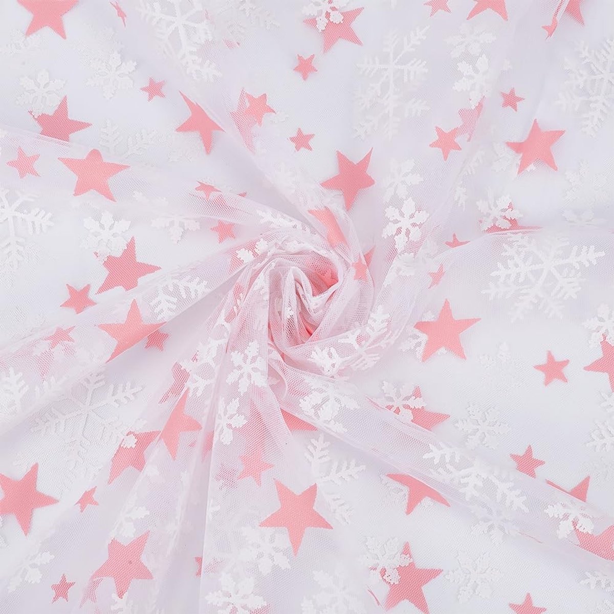 Dailygoods- Tule Kantstof 1,8 m - Transparante Organza Netstof - Geborduurd - Wit - Voor Kleding/Gordijn - Sneeuwvlok Design
