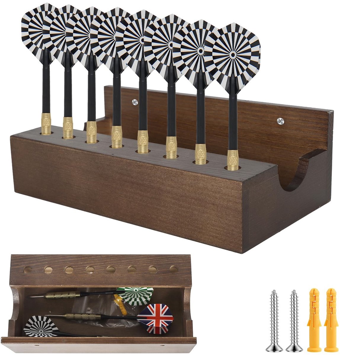 Dailygoods- Darhouder met 8 Darts - Wandmontage - Organizer voor Stalen Darts/Softdarts - Natuurlijk Hout - Accessoirevak - Schitterend Design - Dartsstandaard