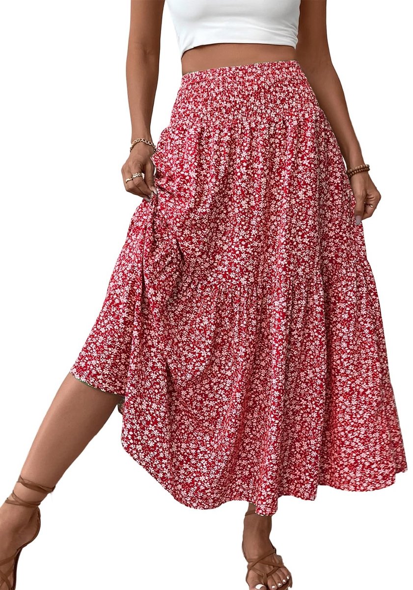 Dailygoods- Maxi Rok Zomer - Hoge Taille - Elastische Rok - A-lijn - Ruches - Bloemenprint - Lichtgewicht Polyester - Lange Rok