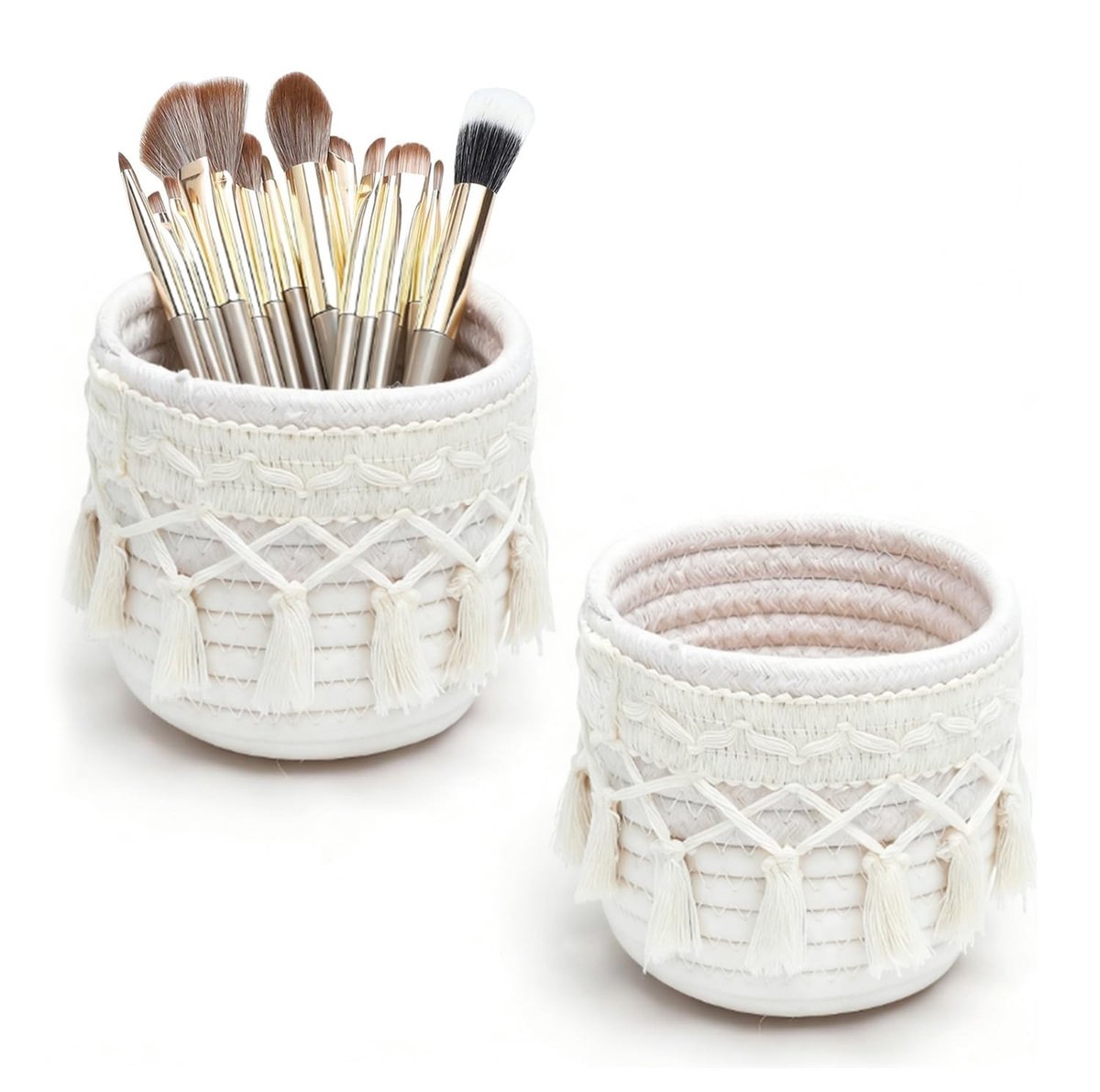 Dailygoods - 2 stuks macramé make-upkwasthouder, boho-opbergmand, 10 x 10 cm, van katoenen touw, mini-cosmetica-organizer en pennenhouder voor make-uptafel, badkamer, kantoor, ivoor