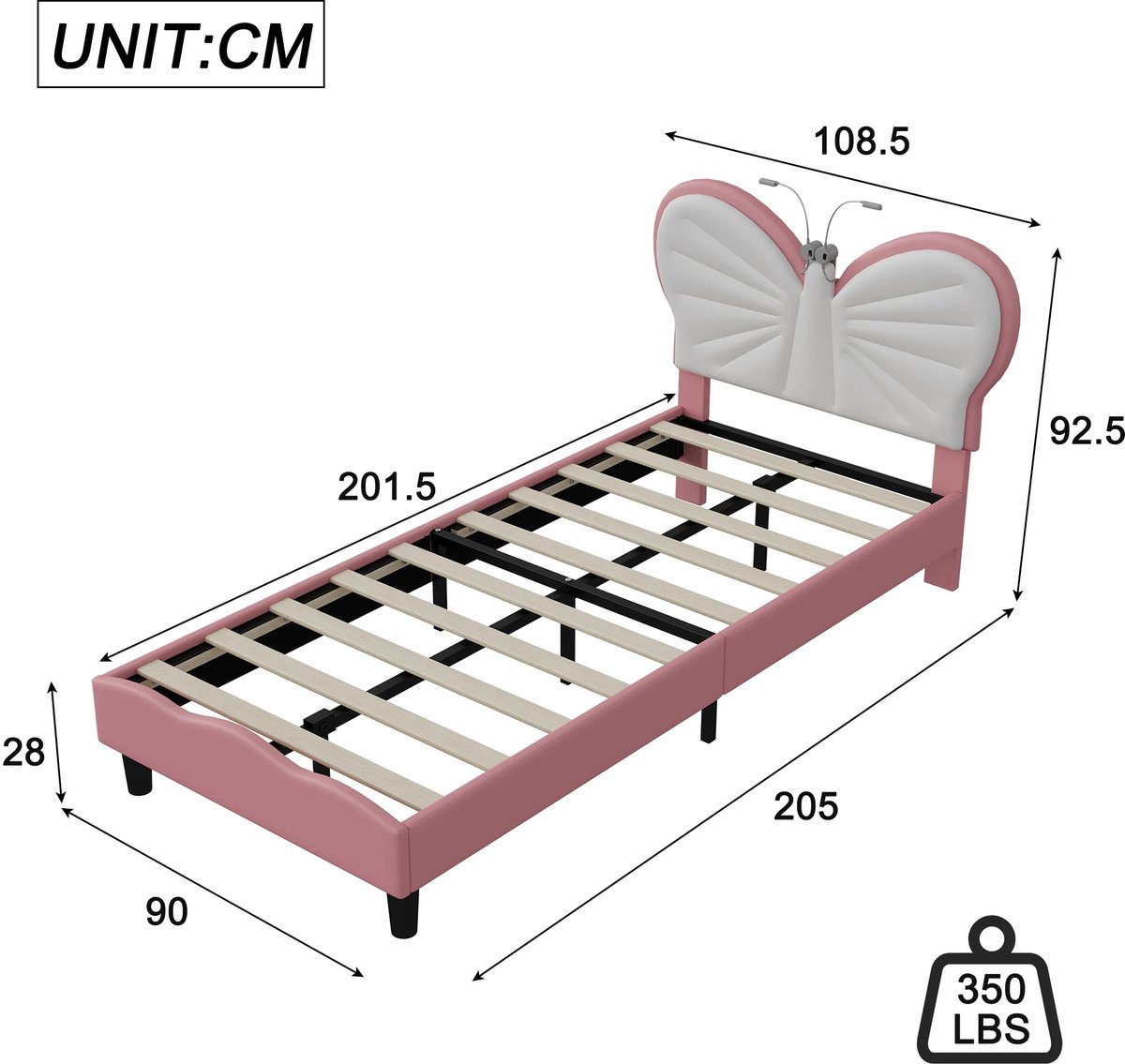 Dailygoods Kinderbed Gestoffeerd kinderbed voor meisjes 90x200cm, eenpersoonsbed met leesl