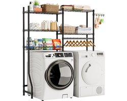 Liverna® Wasmachine Ombouw Rek - Opbergkast/Wc Kastje boven Wasmachine en Droger - 3 Laags Badkamerrek - Metaal Zwart - 147x35x195 cm