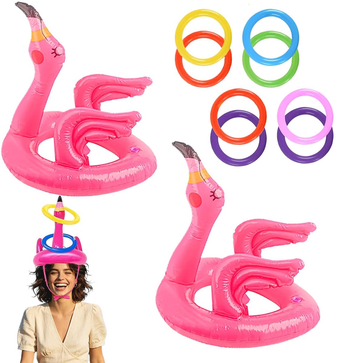 Dailygoods- Werpspel Opblaasbaar Flamingo - Ringwerpspel - Zwembadfeestspeelgoed - Zomerfeestspel - Buiten/tuin - Set met 2 hoeden/4 ringen