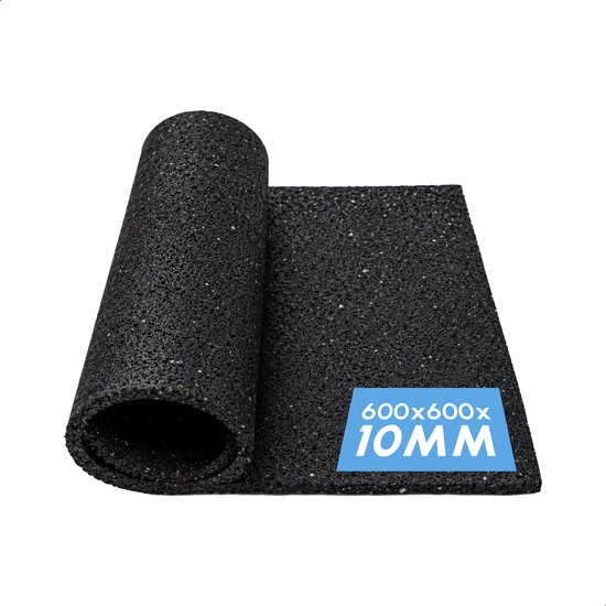 Rol met zwarte anti-trillingsmat. Tekst: 600x600x 10MM.