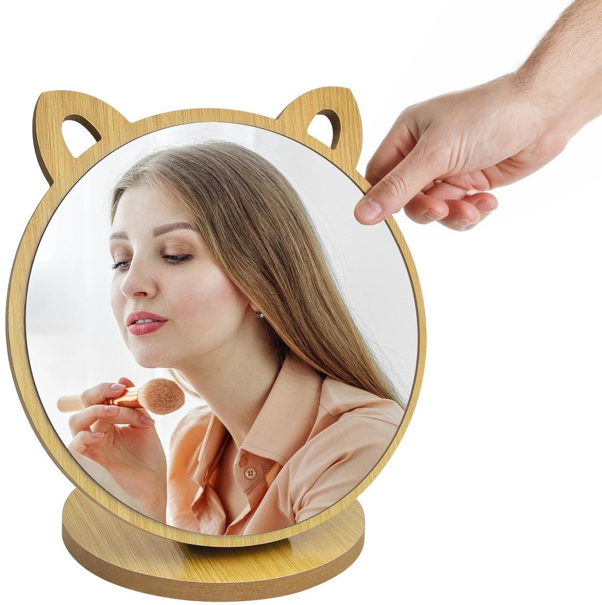 Dailygoods - Tafelspiegel, verstelbaar, hoge resolutie, staande spiegel, klein, kattenorvorm, make-upspiegel, kleine make-upspiegel met houten sokkel, voor slaapkamer, woonkamer, slaapzaal