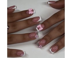 Dailygoods - 24 stuks korte vierkante French Bow press-on nagels, roze French Tip kunstnagels met strass, jelly-gel & nagelvijl voor vrouwen