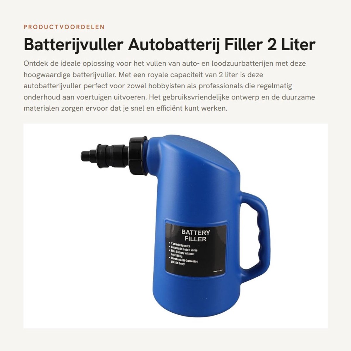 Dailygoods - Batterijvuller - Autobatterij Filler - 2 Liter Capaciteit - PE + PP - Geschikt voor Loodzuur Batterijen - Auto Accessoire