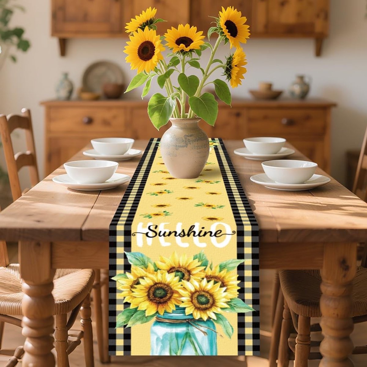Dailygoods - WADORN Hello Sunshine Zonnebloem Tafelloper, 30 x 183 cm Zonnebloem Zomer Keuken Eettafel Decoratie Lente Zomer Seizoensgebonden Tafelloper voor Thuis Verjaardag Vakantie Feest Indoor