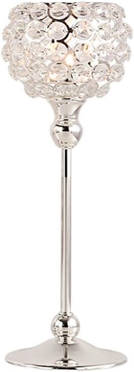 Kristallen Kandelaar - Theelichthouder - Sfeervol Diner - Handgemaakte Kristallen Bol - 11 x 34 cm - Zilver
