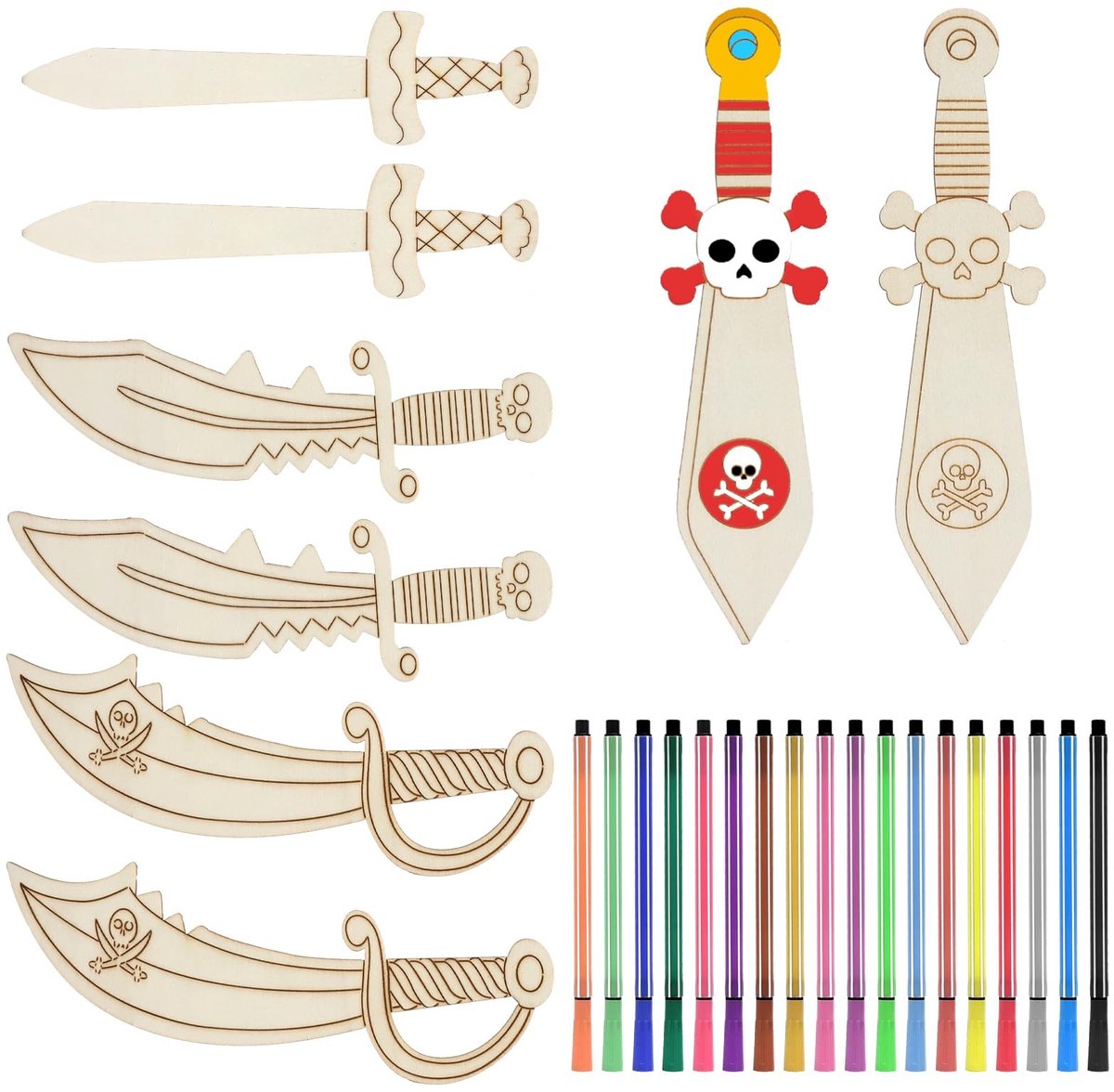 Dailygoods- Knutselset 12 Stuks - Houten Zwaarden - 18 Kleuren Verf - Penselen - Creatieve Activiteiten - Voor Kinderen Vanaf 4 Jaar - Knutselmateriaal