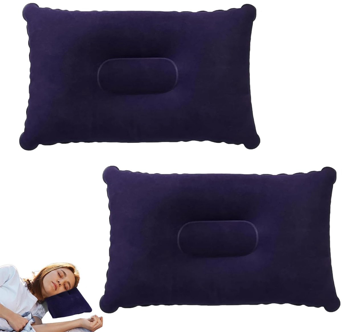 Dailygoods- Opblaasbaar Kussen 2-pack - Compact - Lichtgewicht - Waterdicht - Marineblauw - 32x20cm - Reis Kussen