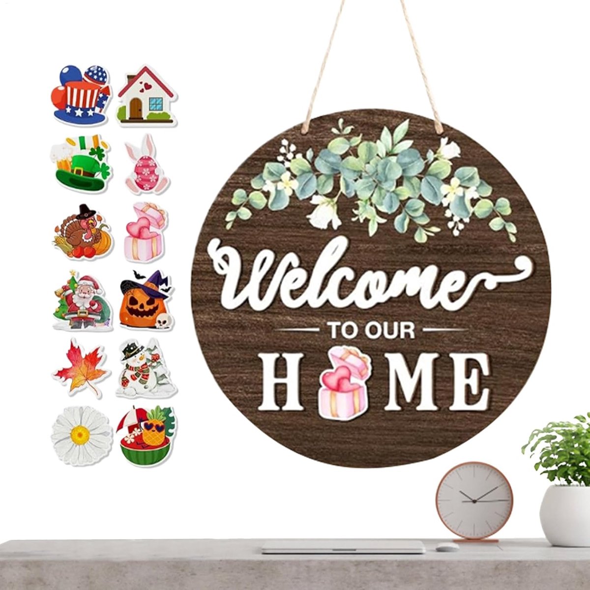 Welkomstbord Deur - Rustiek Decor - Huis Versieren - Verwisselbare Seizoenen - 30 cm Diameter - Bruin