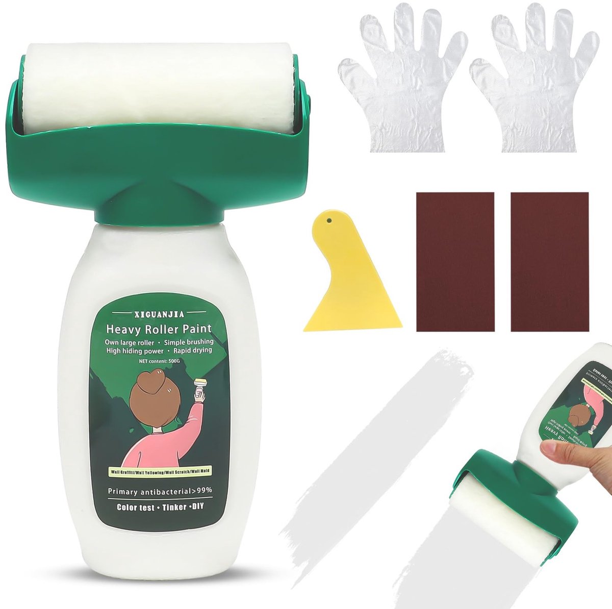 Dailygoods - 500 g witte muurverf, 2-in-1, wit, verfrol met handschoenen, schuurpapier, schraper, reparatie, wandrol met reparatiepasta, muur voor krassen, graffiti-vlekken