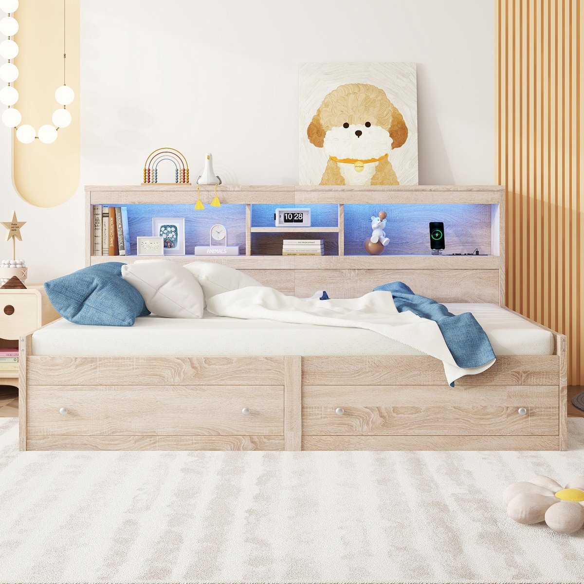 MEUNIQ slaapbank 90x200 cm met 2 lades, opbergvakken, LED sfeerverlichting, 2 USB en 2 stopcontacten, lattenbodem, slaapkamer, naturel