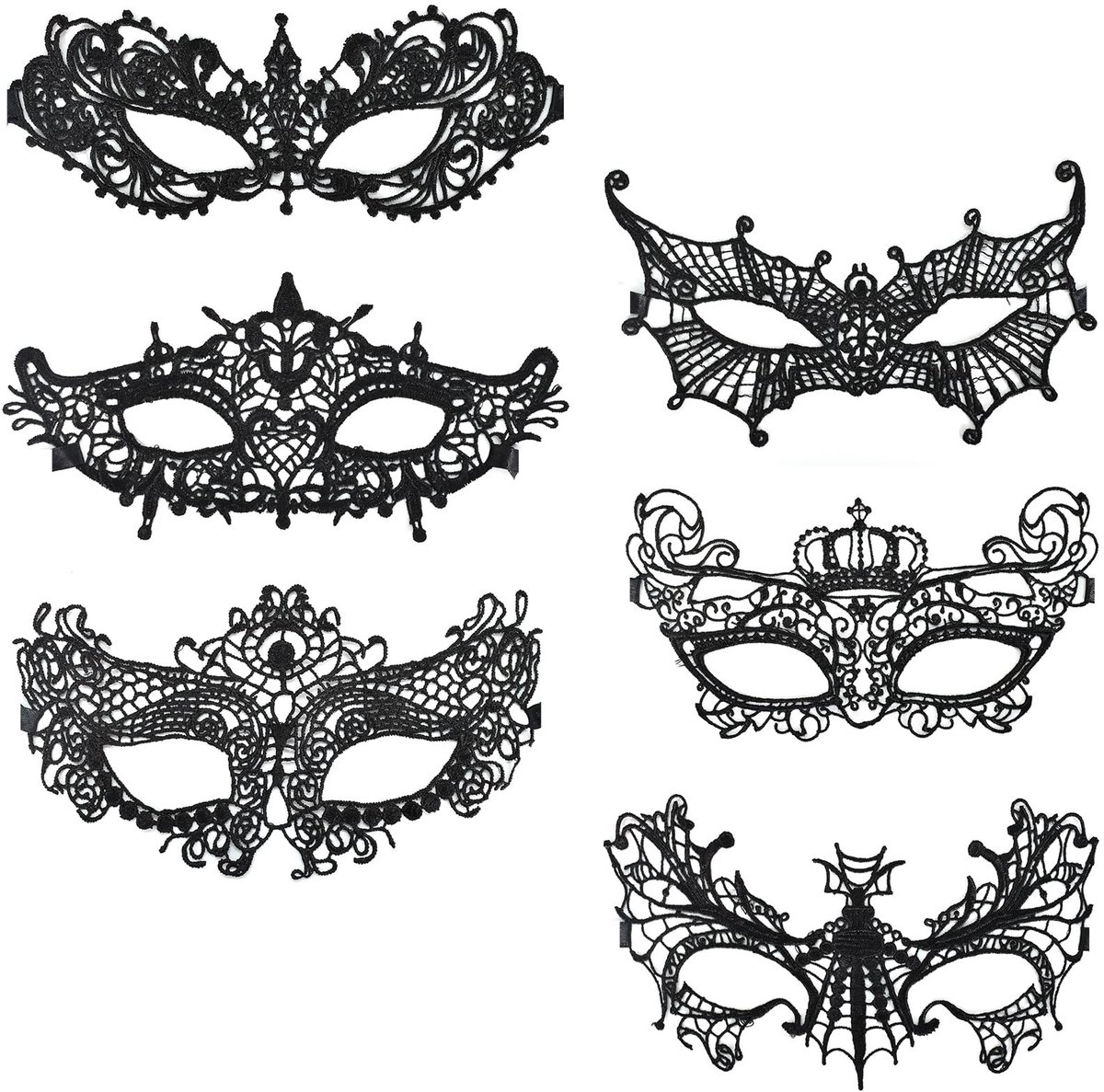 Dailygoods - 6 stuks Venetiaans masker voor dames, kant, Halloween, sexy kanten masker voor dames, zwart, oogmasker, maskerademasker voor carnaval, party, bal, cosplay (stijl 2)