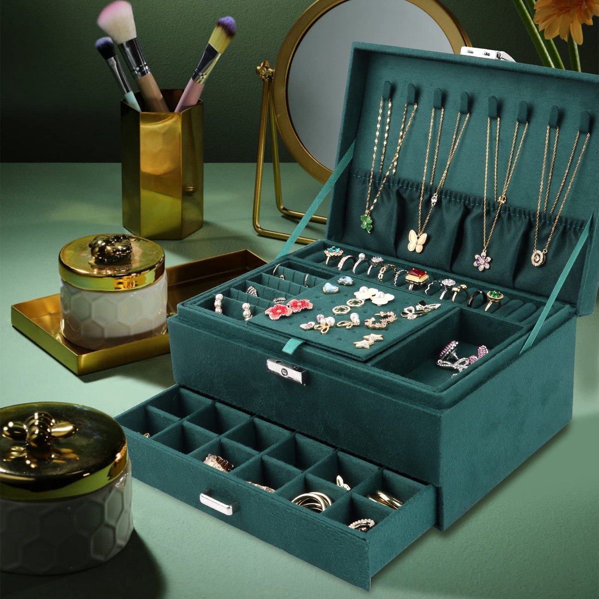 Dailygoods- Sieradenkistje - Drie lagen - Fluweel - Afsluitbaar - Grote capaciteit - Ruimtebesparende organizer - Sieradenopbergdoos