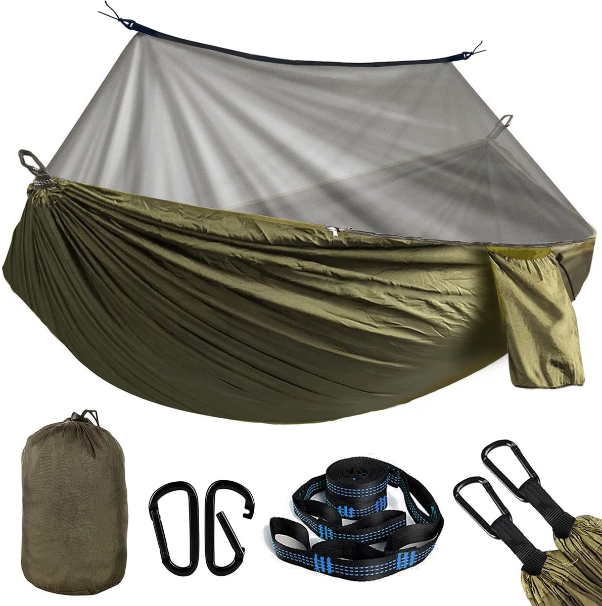 Camping Hangmat met Muskietennet 275 x 140 cm - Lichtgewicht Nylon - Olijfgroen