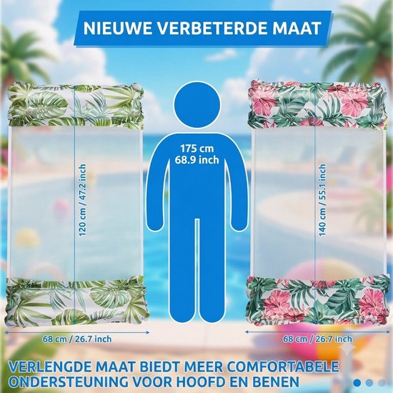 Livatto 2 stuks opblaasbare waterhangmat voor volwassenen, zwembadligstoel & opblaasbaar bed, 120x68 cm, met bladermotief en bloemenpatroon — afbeelding 3