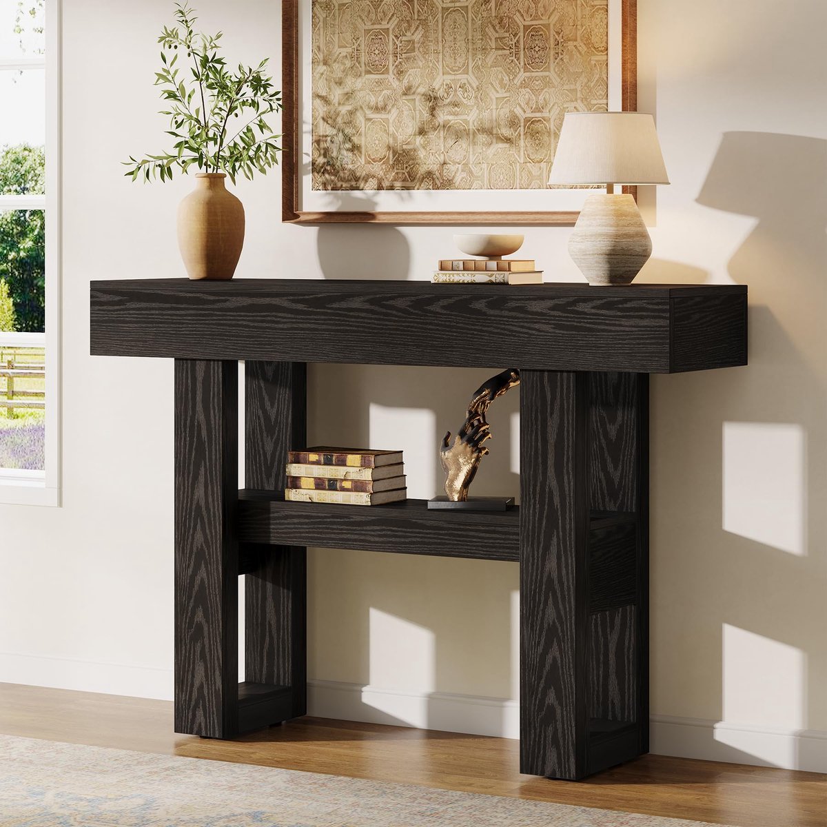 Little Trees LITTLE TREE Consoletafel - Sidetable - Hout - Zwart - Rustiek - 105x30x80 cm - Smalle 2-Lagige Tafel - Voor Hal En Woonkamer