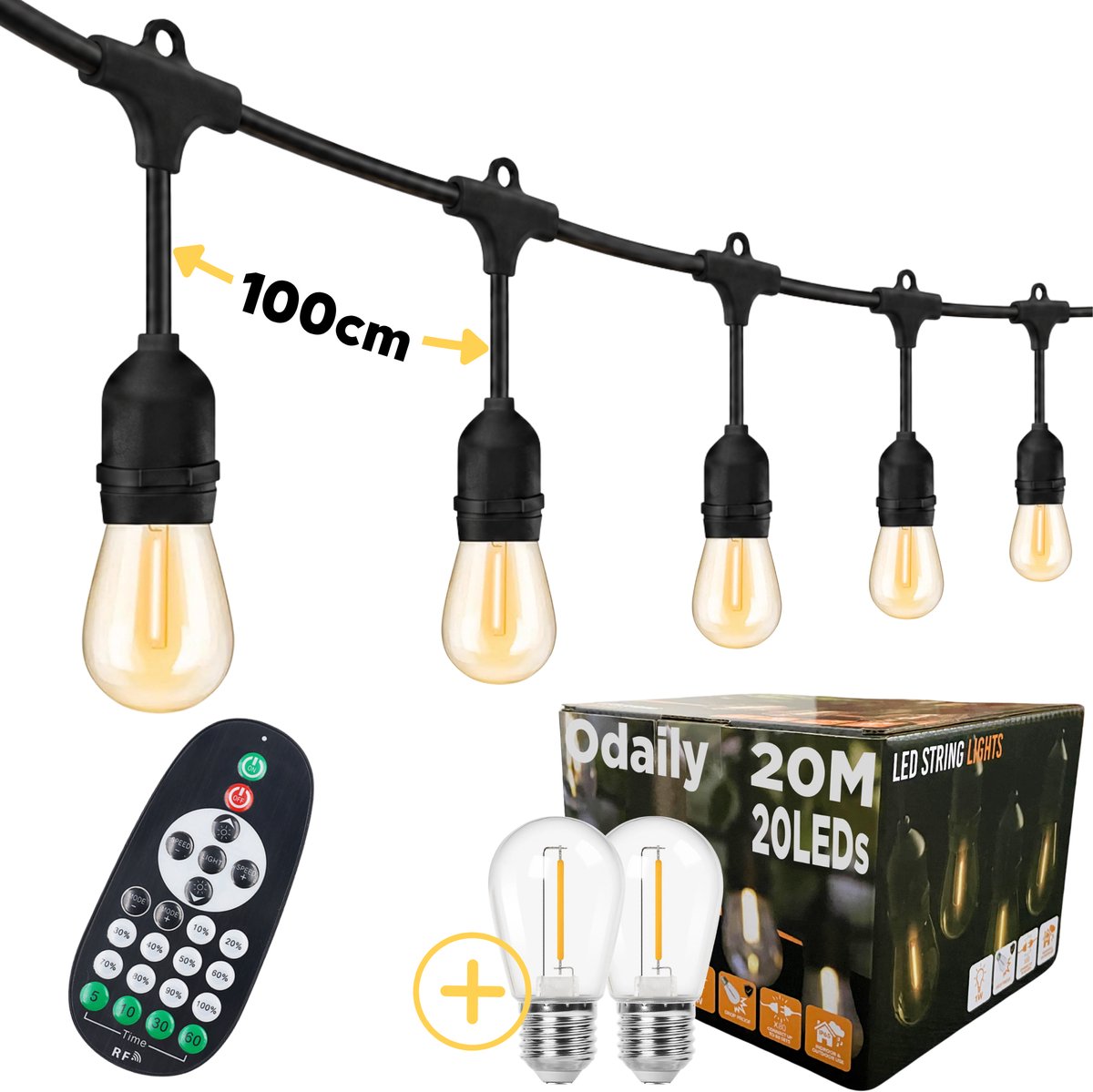 Odaily Lichtsnoer Buiten - 20 Meter - 20 LED Lampen - Warm Wit Licht - Dimbaar - Horecakwaliteit