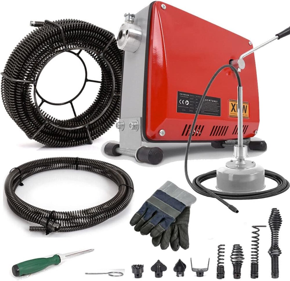 Elektrische Rioolreiniger - Afvoer Ontstopper - Verstopte Leidingen Verhelpen - Krachtige 500W Motor - 30-100mm Pijpen - Rood/Zilver