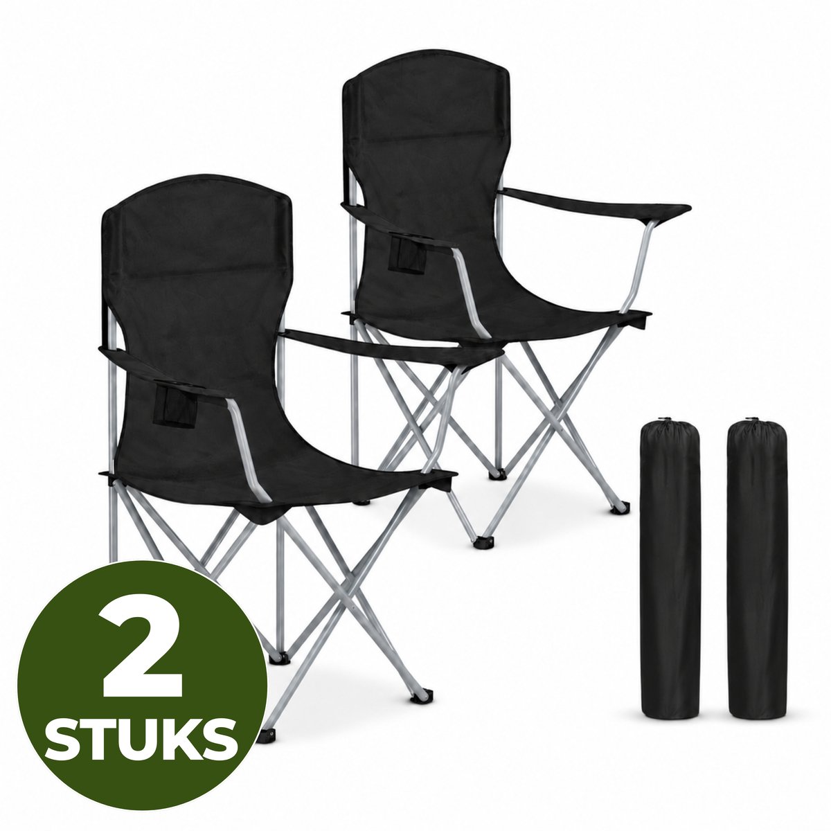 ACAZA Campingstoelen Set van 2 - Campingstoel - Strandstoel - COMFORT - Draagvermogen 150 kg - Klapstoel - Kampeerstoel - Vouwstoel - Camping - Strandstoel Opvouwbaar - Visstoel - Zwart