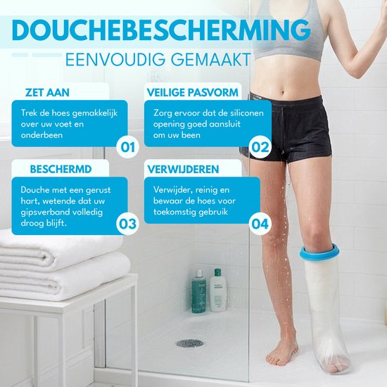 Een vrouw in een sportbeha en short in de douche met een witte gipshoes om haar onderbeen. Tekst: "Douchebescherming eenvoudig gemaakt".