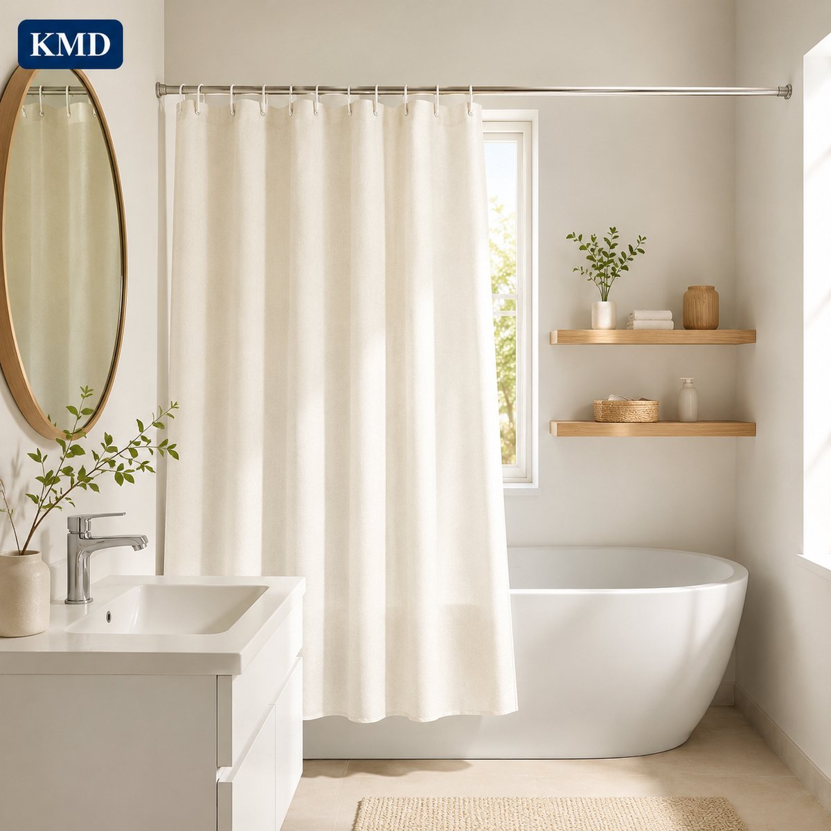 KMD Kort douchegordijn smal 150x150 cm crème waterafstotend met verzwaarde zoom