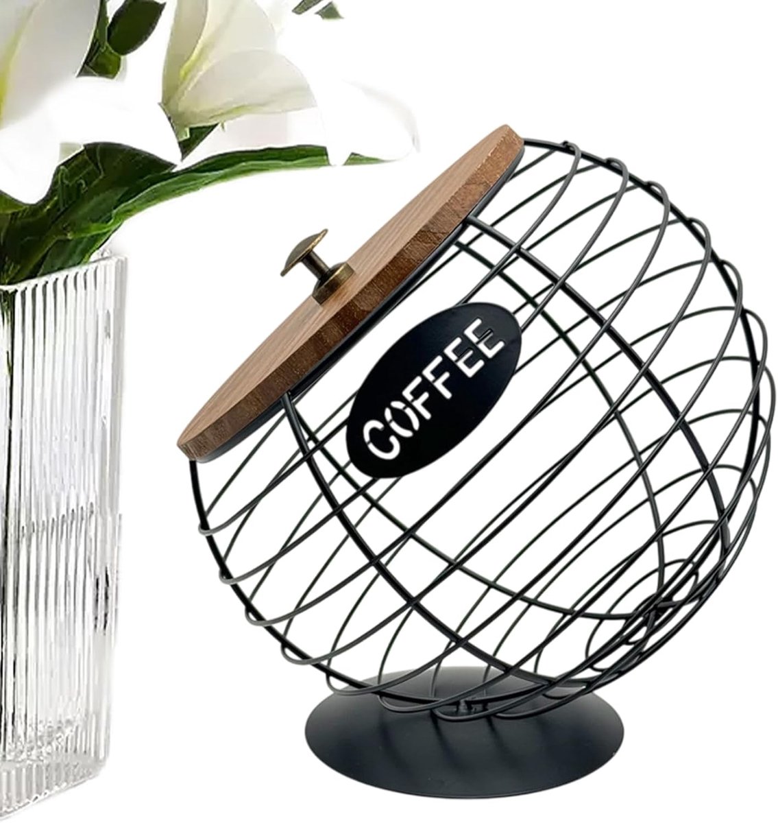 Koffiepads Houder - Koffiepad Station - Koffiepads Organiseren - Bolvormig Decor - 17 x 16 x 16 cm - Zwart