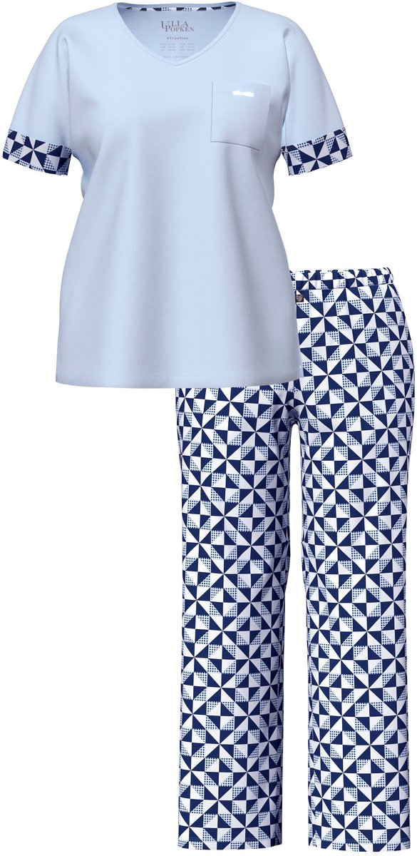 Ulla Popken Dames - Pyjama ruitjespatroon V-hals korte mouw - Lichtblauw - Maat 54+