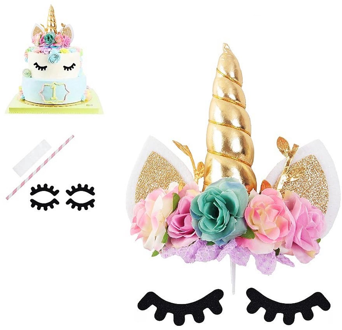 Dailygoods- Taart Topper Elegant - Eenhoorn Taartdecoratie - Verjaardagsfeest - Baby Shower - Milieuvriendelijk - Inclusief Wimpers/Rietje