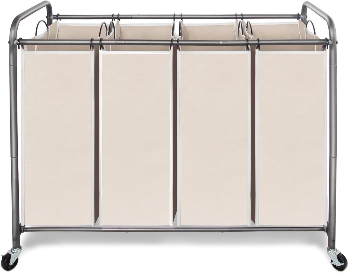 Wasmand Met Wielen Kleding Sorteerder Kleding Opbergen Verwijderbare Zakken 4 Vakken Beige