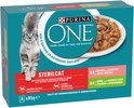 Pack Purina ONE Sterilcat avec une image de chat tigré gris à côté d'une gamelle de viande avec des carottes.