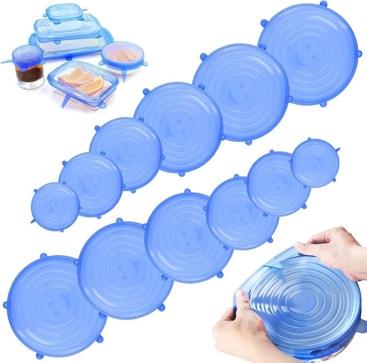 Dailygoods- Siliconen Deksels 12 Stuks - Rekbaar Deksel - Herbruikbaar - Voor Voedselblikjes - Ruimtebesparend - Eenvoudig Schoon te Maken