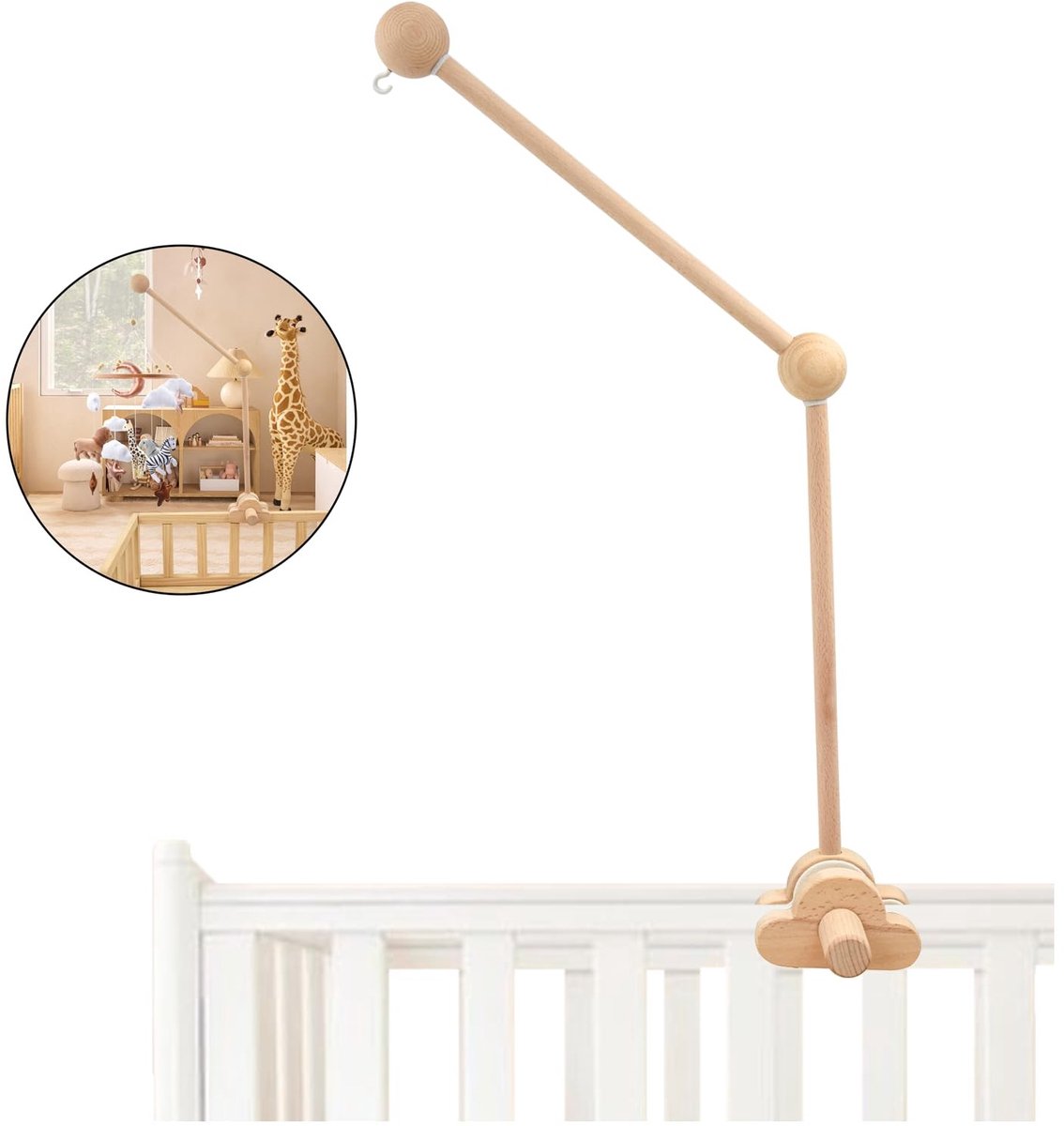 Dailygoods- Mobiele Houder Natuurlijke Hout - Verstelbare Arm - Geschikt voor Babybed/Box - Creëert Warme Sfeer - Babybedaccessoire