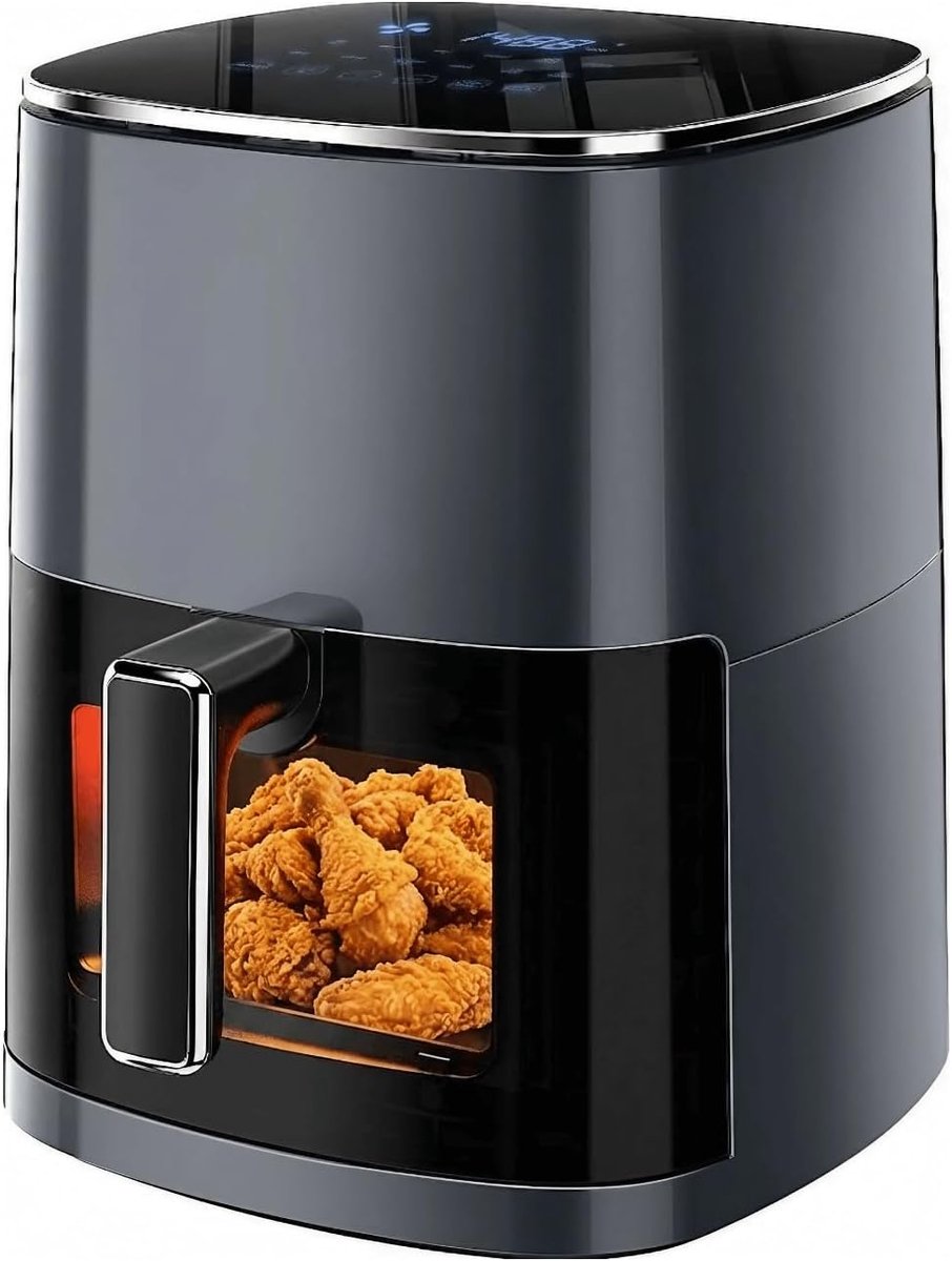 Airfryer met Venster - Heteluchtfriteuse Vierkant - Gezond Koken - Doorzichtig Kookvenster - 6.34 Liter - Grijs