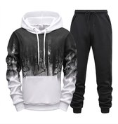Wit zwart fitness trainingspak heren hoodie en jogging broek sport pak met capuchon trekkoord elastische tailleband trainings set vrijetijds pak maat M