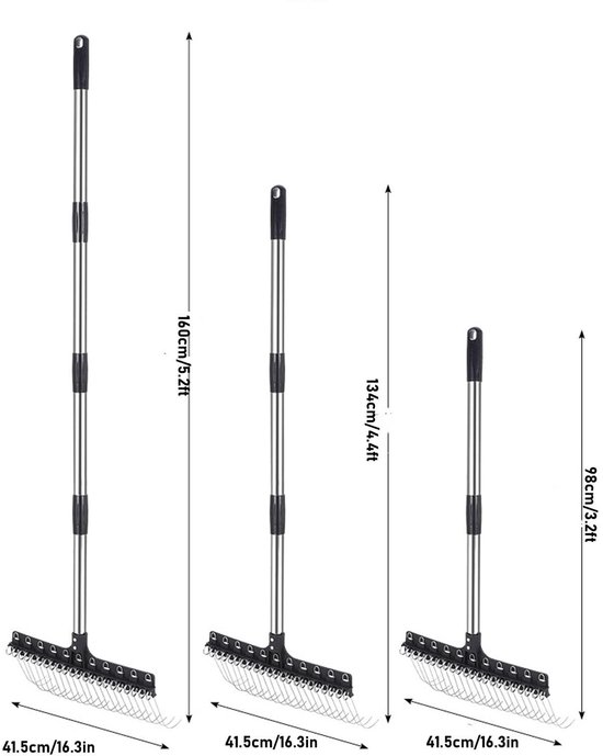 Dailygoods- Gazonhark Breed - Tuinhark met Schuine Verenstalen Tanden - Verstelbare Handgreep tot 1,5 Meter - Zelfreinigend - Gewicht 1361 g - Hoogte 134 cm van Dailygoods — afbeelding 5