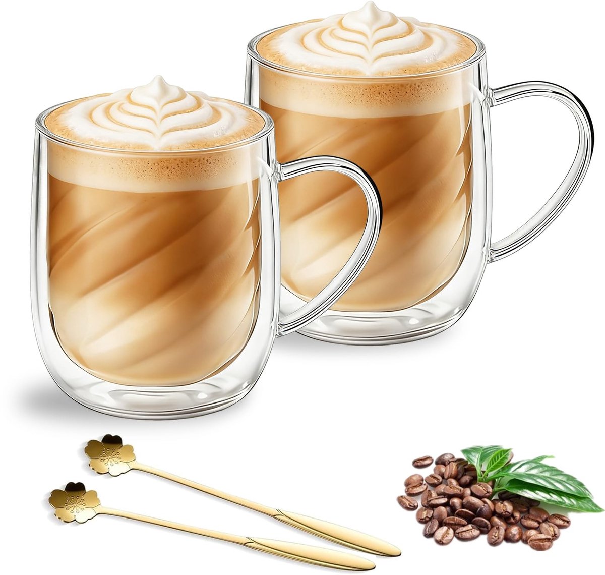 Dailygoods - Latte Macchiato-glazen dubbelwandig, 350 ml dubbelwandige koffieglazen met hendel en lepels van borosilicaatglas, dubbelwandige glazen voor cappuccino, thee, espresso, melk (set van 2 × 350