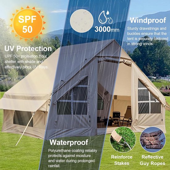 Opblaasbare Kampeertent 4-6 Personen - Familietent met Luifel - Inclusief Handpomp - Waterdicht - Windbestendig - Dubbele Deuren - Glampingtent voor Camping en Outdoor — afbeelding 2