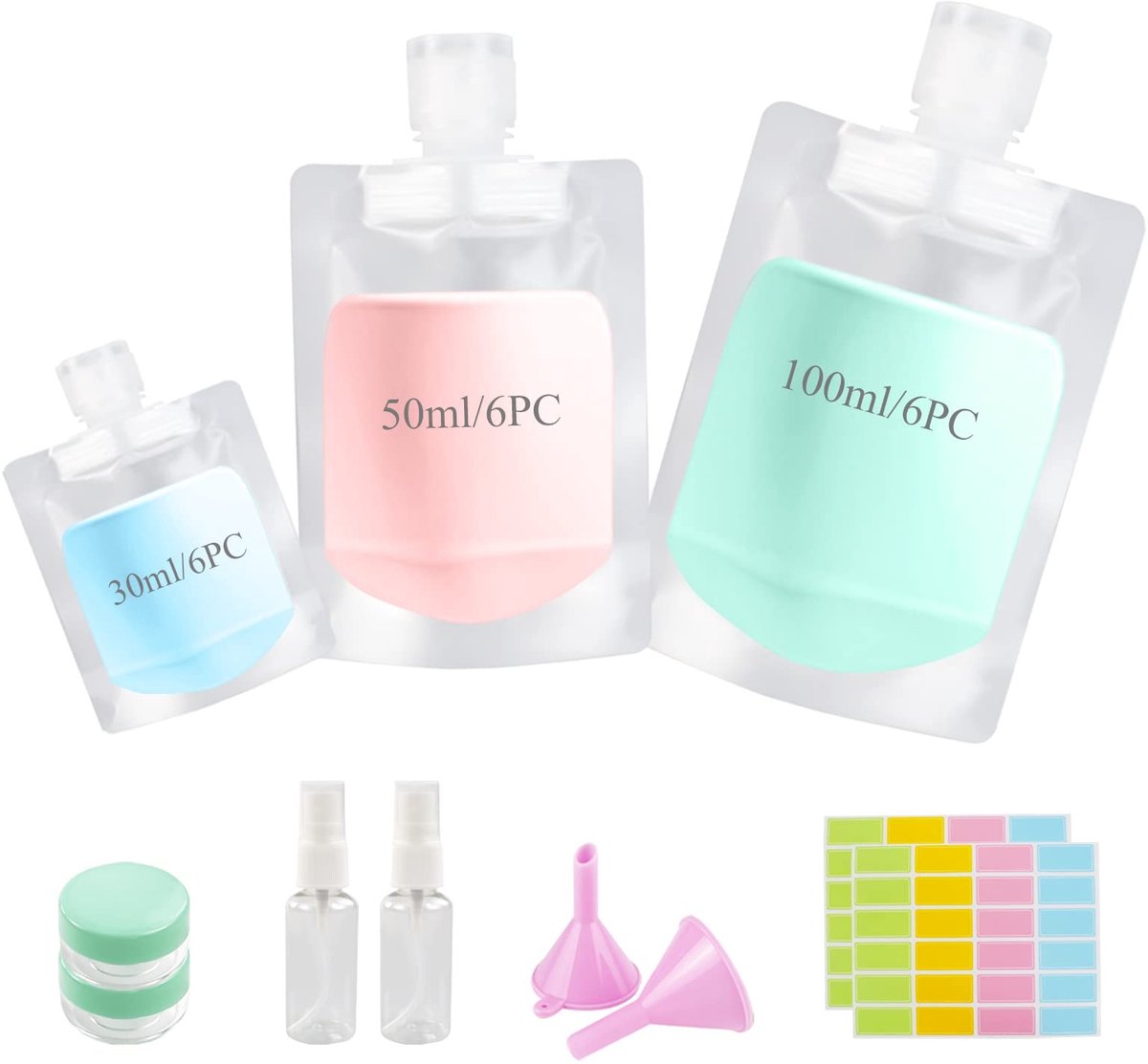Dailygoods- Reisflessen Set 18 Stuks - Lichtgewicht 30/50/100ml - Navulbare Dispenserzakken - Luchtdicht - Geurloos - Hoogwaardig PET-Materiaal - Cosmeticaflessen